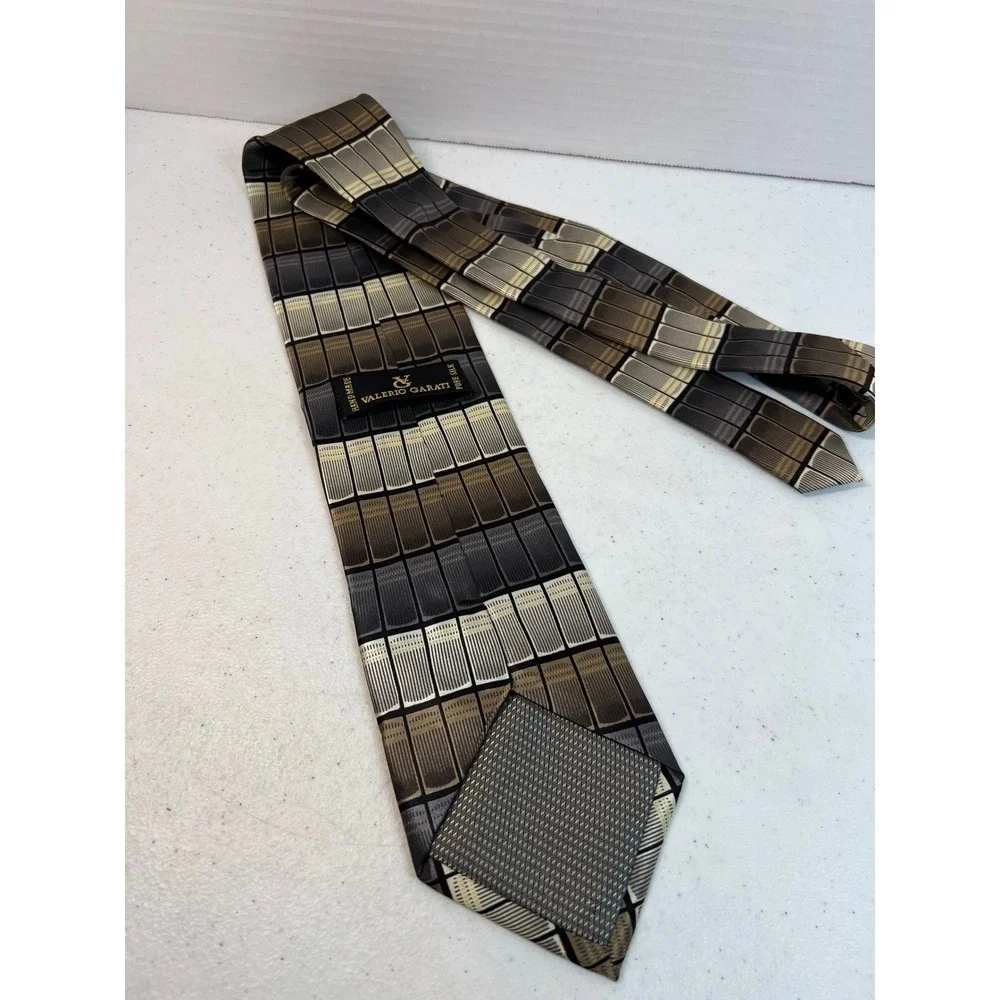 Valerio Garati Mens Silk Tie Grey Brown Cream Geometric Grid Handmade 60 Inch
